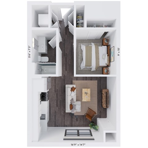 Floor plan for 1 bed, 1 bath, 605 sqft